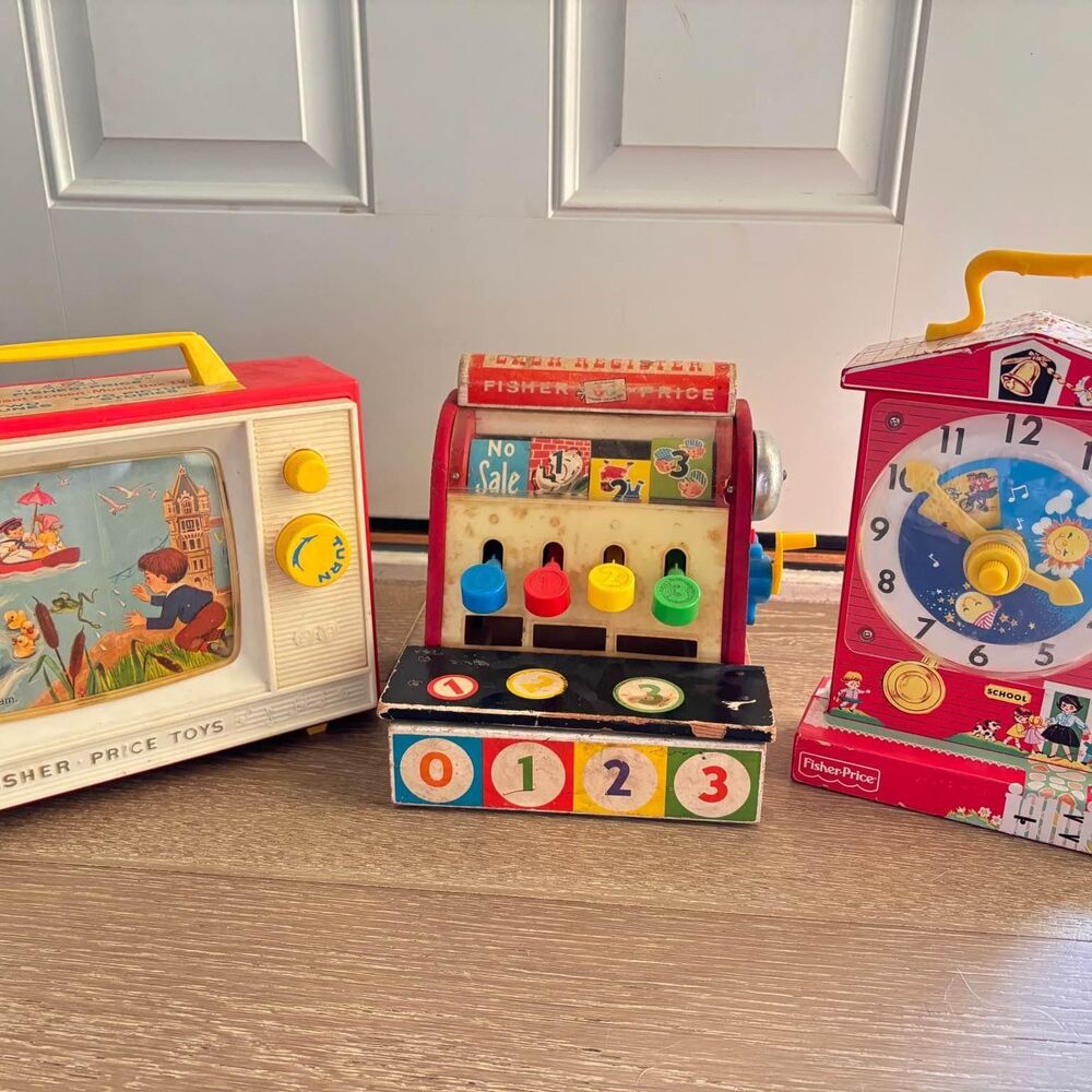 Lot of 3 Fisher Price Vintage Toys Music Box Clock Cash Register TV